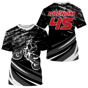 Maillot motocross noir blanc rayures avec motard silhouette et fragments dynamiques, prénom numéro 45 imprimés