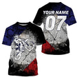 Maillot motocross France blanc tramé avec motard et drapeau tricolore, prénom numéro 07 imprimés