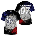 Maillot motocross France blanc tramé avec motard et drapeau tricolore, prénom numéro 07 imprimés