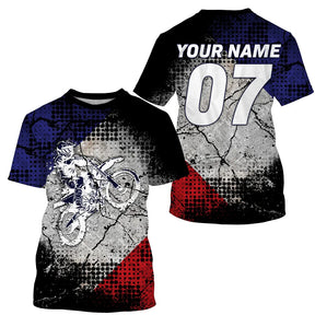 Maillot motocross France blanc tramé avec motard et drapeau tricolore, prénom numéro 07 imprimés