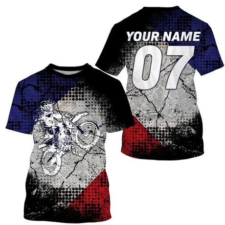 Maillot motocross France blanc tramé avec motard et drapeau tricolore, prénom numéro 07 imprimés