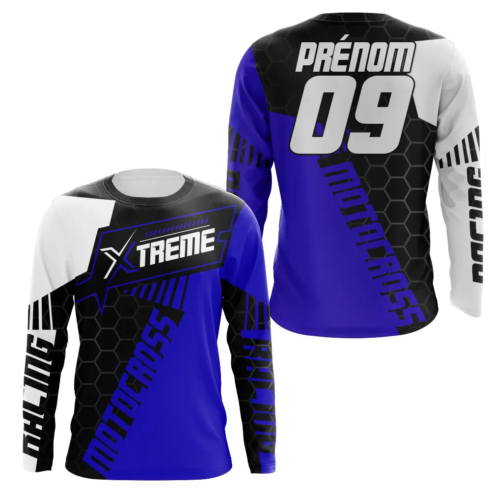 Anti-UV manches longues motocross extreme bleu hexagonal, tenue piste avec prénom et numéro