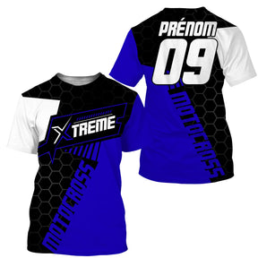 Maillot motocross extreme bleu noir hexagonal avec lettrage Motocross et prénom numéro 09 imprimés