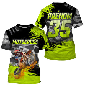 Maillot motocross vert lime noir avec motard et flammes orange, prénom numéro 35 imprimés Motocross