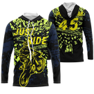 Anti-UV à capuche motocross jaune fluo noir, design dirt bike personnalisé pour pilote