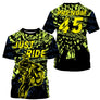 Maillot motocross jaune fluo noir avec motard et lettrage Just Ride, prénom numéro 45 imprimés