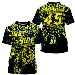 Maillot motocross jaune fluo noir avec motard et lettrage Just Ride, prénom numéro 45 imprimés