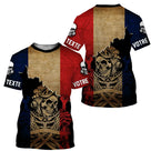 Maillot motocross France tricolore avec double crâne motard et drapeau bleu blanc rouge, texte personnalisé sur manches