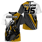 Maillot motocross blanc jaune or avec motard MX et lettrage Motocross Extreme, prénom numéro 45 imprimés