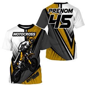 Maillot motocross blanc jaune or avec motard MX et lettrage Motocross Extreme, prénom numéro 45 imprimés
