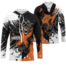Sweat motocross blanc orange avec grand crâne au casque MX et éclats dynamiques, prénom numéro imprimés
