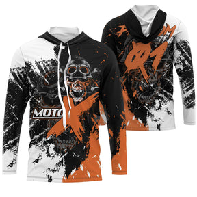 Sweat motocross blanc orange avec grand crâne au casque MX et éclats dynamiques, prénom numéro imprimés