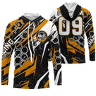 Sweat motocross noir orange avec écusson MX et motif hexagonal Racing, prénom numéro 09 imprimés