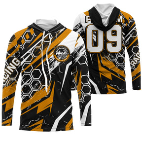 Sweat motocross noir orange avec écusson MX et motif hexagonal Racing, prénom numéro 09 imprimés