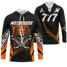 Sweat motocross noir orange avec crâne au casque MX et os croisés, prénom numéro 777 imprimés
