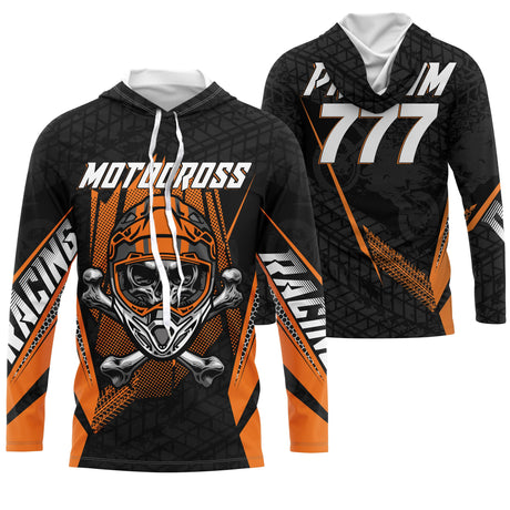 Sweat motocross noir orange avec crâne au casque MX et os croisés, prénom numéro 777 imprimés