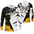 Sweat motocross noir blanc jaune avec lettrage Racing et traces de pneu, prénom numéro 122 imprimés