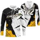 Sweat motocross noir blanc jaune avec lettrage Racing et traces de pneu, prénom numéro 122 imprimés