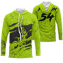Sweat motocross vert lime fluo avec motif griffes noires et traces de pneu, prénom numéro 54 imprimés