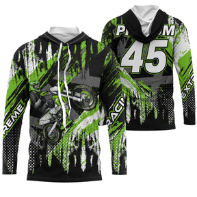 Sweat motocross noir vert lime Extreme Racing avec motard MX et lettrage Racing, prénom numéro 45