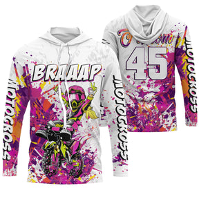Maillot motocross rose violet jaune Braaap fille avec silhouette pilote moto, prénom et numéro 45 imprimés