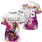 Anti-UV à capuche maillot motocross rose fille, lettrage Braaap graffiti et numéro de course personnalisé