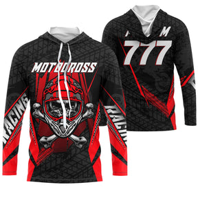 Maillot motocross noir rouge avec tête de mort et lettrage Motocross Racing, prénom et numéro 777 imprimés