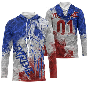 Maillot motocross France blanc bleu rouge tricolore avec lettrage Xtreme et tête de mort, prénom numéro 01 imprimés