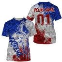Anti-UV à capuche maillot motocross bleu blanc rouge, lettrage Xtreme tricolore et numéro de course personnalisé