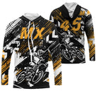 Maillot motocross jaune noir MX Racing avec pilotes en plein saut et traces de pneu, prénom et numéro 45 imprimés