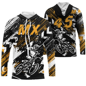 Maillot motocross jaune noir MX Racing avec pilotes en plein saut et traces de pneu, prénom et numéro 45 imprimés