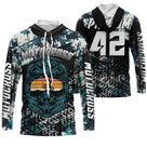 Maillot motocross bleu sarcelle vintage avec moto rétro stylée et lettrage Motocross, prénom numéro 42 imprimés