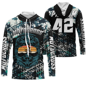Maillot motocross bleu sarcelle vintage avec moto rétro stylée et lettrage Motocross, prénom numéro 42 imprimés