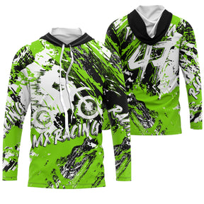 Maillot motocross vert fluo noir MX Racing avec éclats de peinture, prénom et numéro 47 imprimés