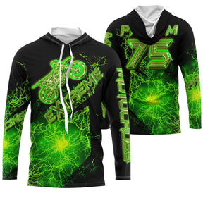 Maillot motocross vert acide noir avec crâne radioactif et lettrage Extreme, prénom et numéro 75 imprimés