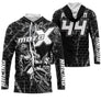 Maillot motocross noir blanc avec pilote en saut et lettrage Moto X Racing, prénom et numéro 44 imprimés