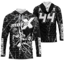 Maillot motocross noir blanc avec pilote en saut et lettrage Moto X Racing, prénom et numéro 44 imprimés