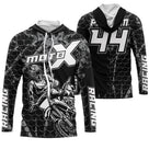 Maillot motocross noir blanc avec pilote en saut et lettrage Moto X Racing, prénom et numéro 44 imprimés