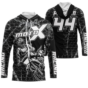 Maillot motocross noir blanc avec pilote en saut et lettrage Moto X Racing, prénom et numéro 44 imprimés