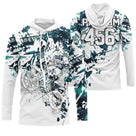 Maillot motocross blanc vert d'eau avec pilote en saut et éclats graphiques, prénom et numéro 456 imprimés