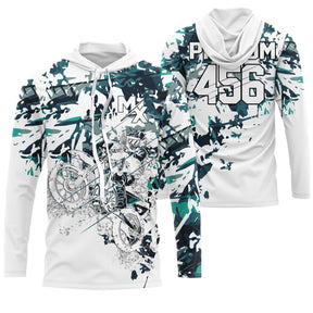 Maillot motocross blanc vert d'eau avec pilote en saut et éclats graphiques, prénom et numéro 456 imprimés