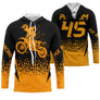 Maillot motocross jaune noir avec silhouette pilote en saut et lettrage MX Racing, prénom numéro 45 imprimés