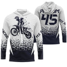 Maillot motocross bleu marine blanc avec silhouette pilote en saut et lettrage MX Racing, prénom numéro 45 imprimés