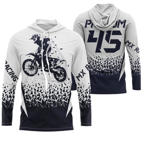 Maillot motocross bleu marine blanc avec silhouette pilote en saut et lettrage MX Racing, prénom numéro 45 imprimés