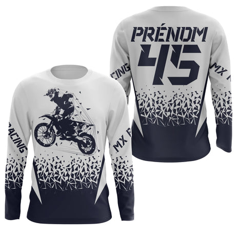Anti-UV manches longues maillot motocross bleu marine blanc MX, design dirt bike racing personnalisé