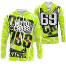 Maillot motocross vert fluo blanc avec lettrage Motocross Racing et drapeaux, prénom et numéro 069 imprimés