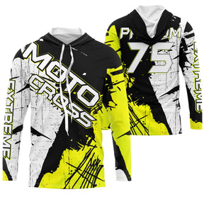 Maillot motocross jaune noir blanc avec lettrage Moto Cross Xtreme et éclats, prénom et numéro 75 imprimés