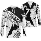 Maillot motocross noir blanc avec lettrage Moto Cross Xtreme et éclats sobres, prénom et numéro 75 imprimés