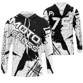 Maillot motocross noir blanc avec lettrage Moto Cross Xtreme et éclats sobres, prénom et numéro 75 imprimés