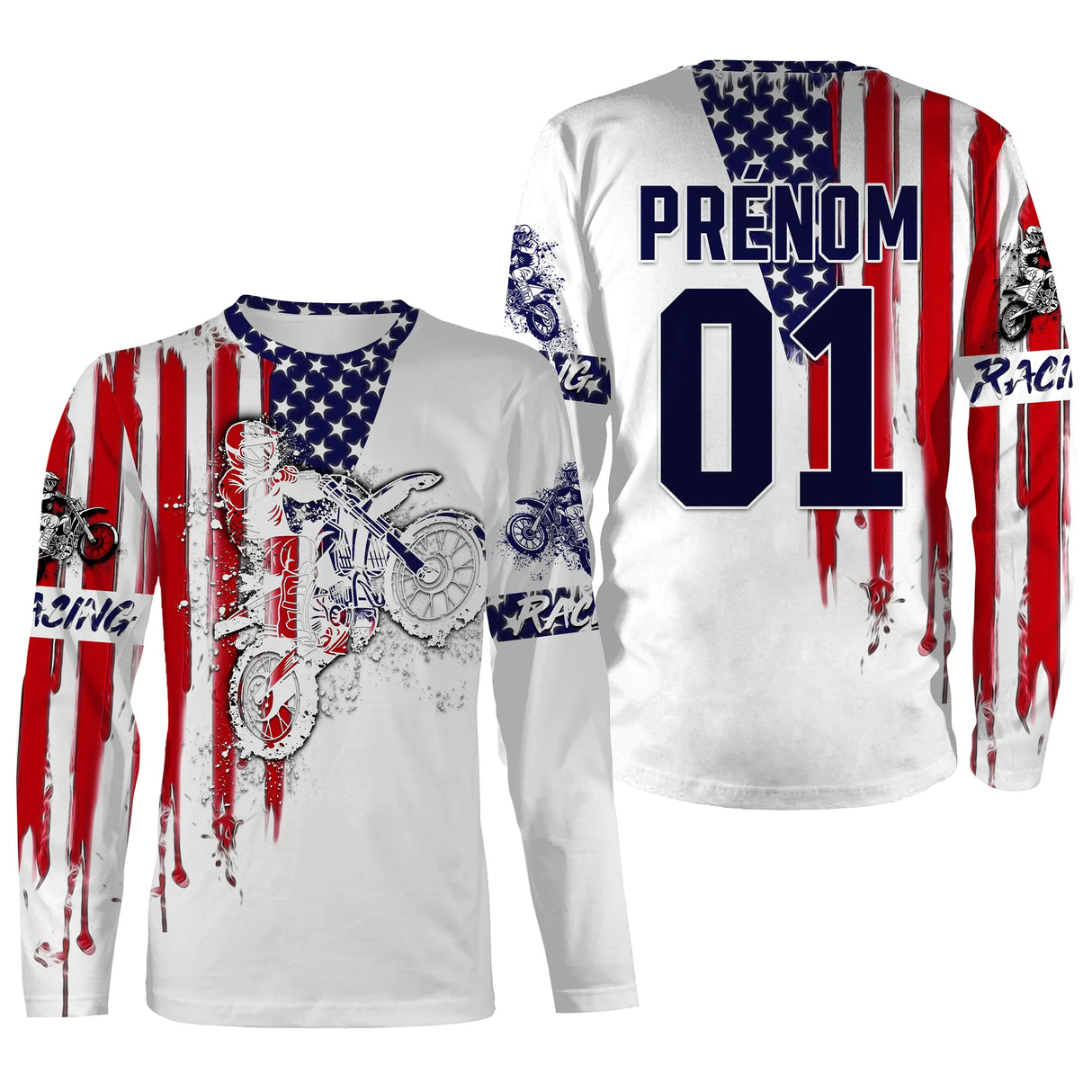 T-shirt manches longues motocross USA tricolore Racing, design dirt bike personnalisable prénom numéro